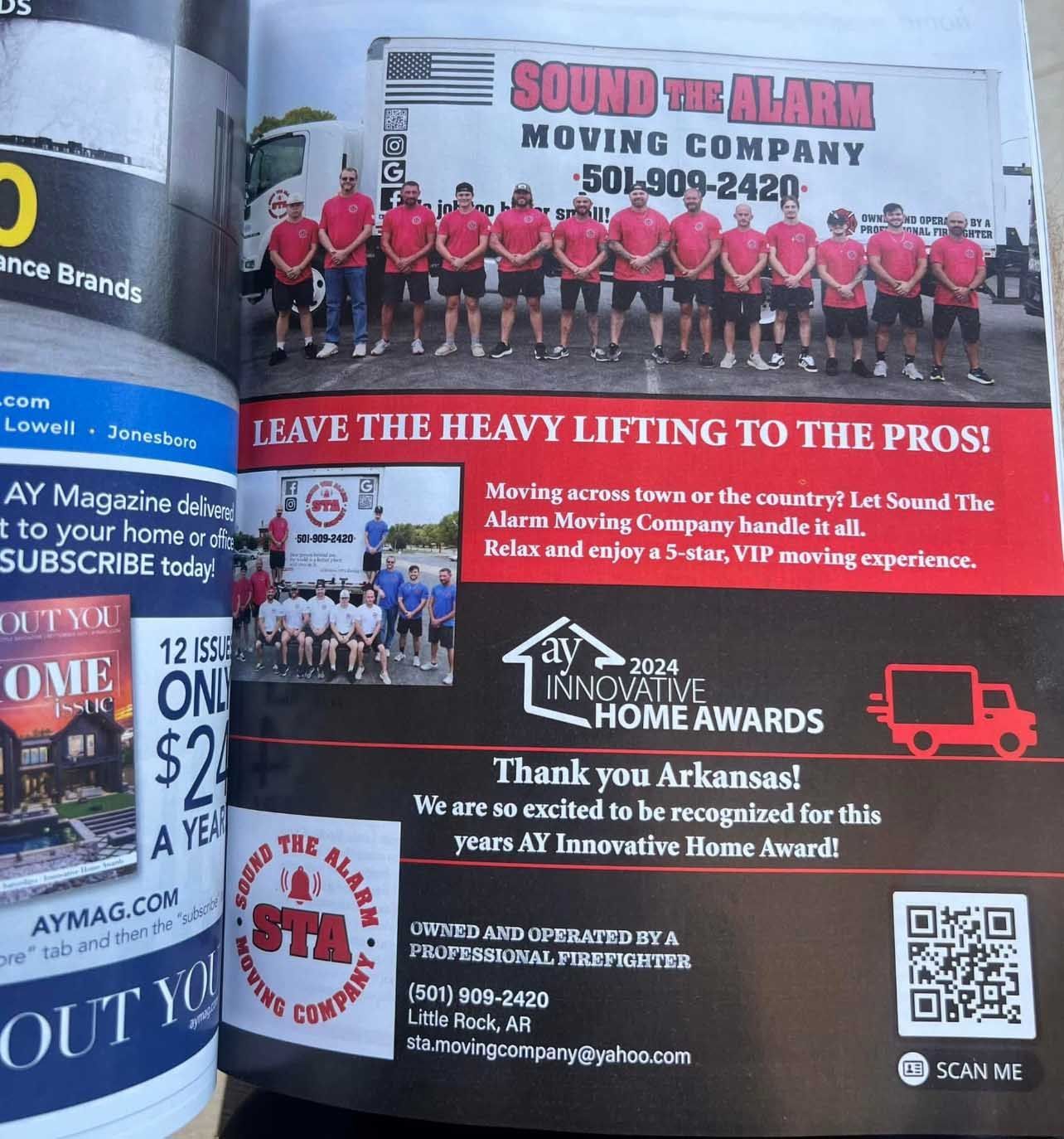 Advertisement for Sound the Alarm Moving Company with text and photo of moving crew.