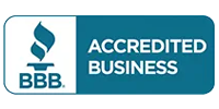 BBB Accredited Business logo in blue and white with a torch icon and text