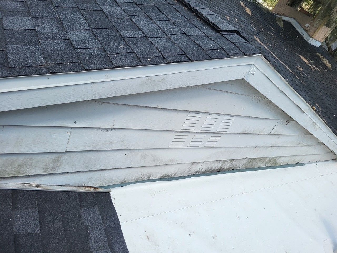Damaged white house siding under a dark shingled roof, with peeling paint and warped boards