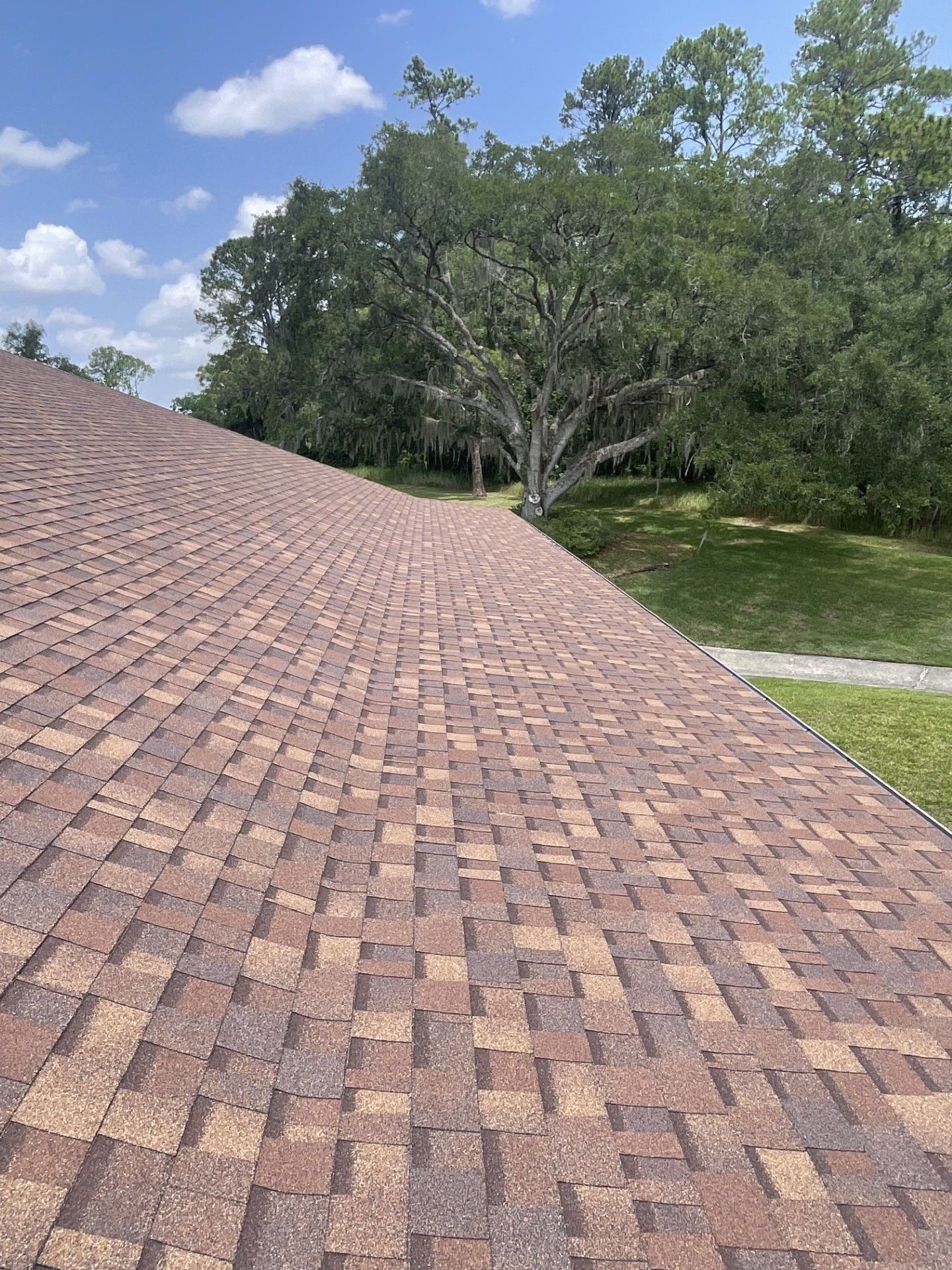 Shingled roof sloping toward a grassy yard with trees and blue sky beyond.