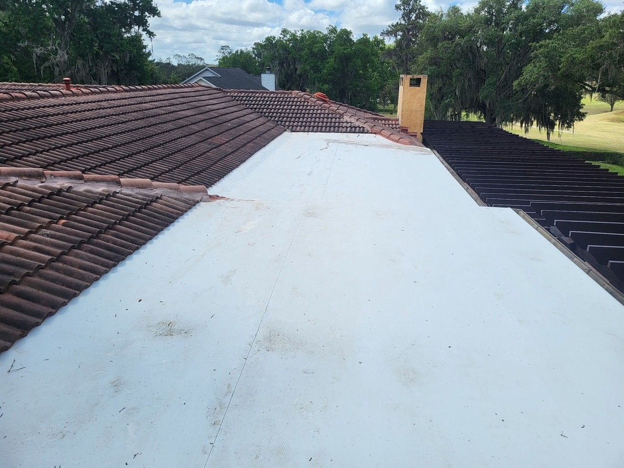 Rooftop with a white patched section between red tiled roofs and trees in the background