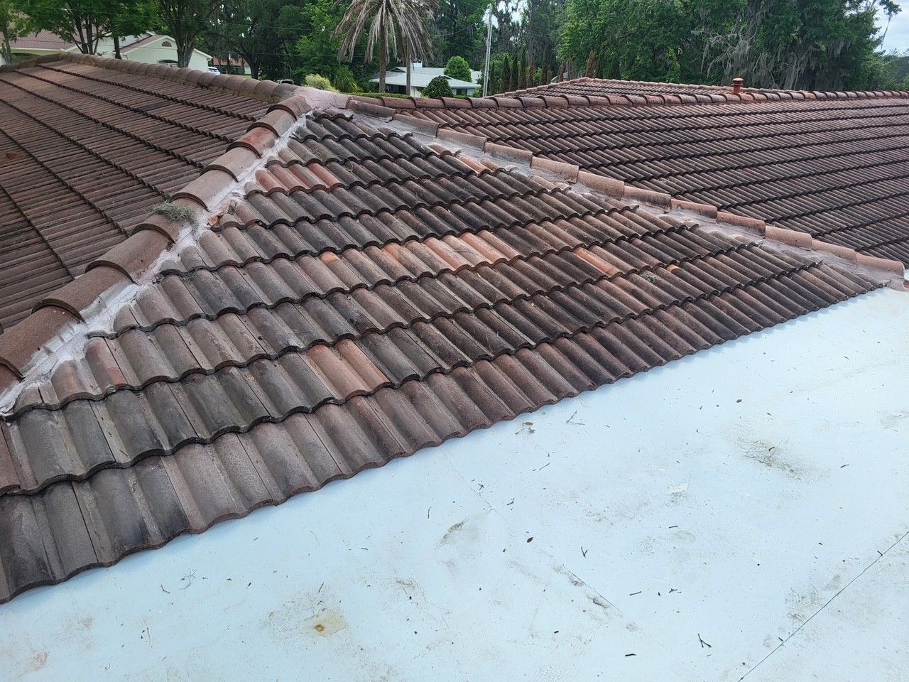 Red clay-tile roof with white parapet wall and trees in the background