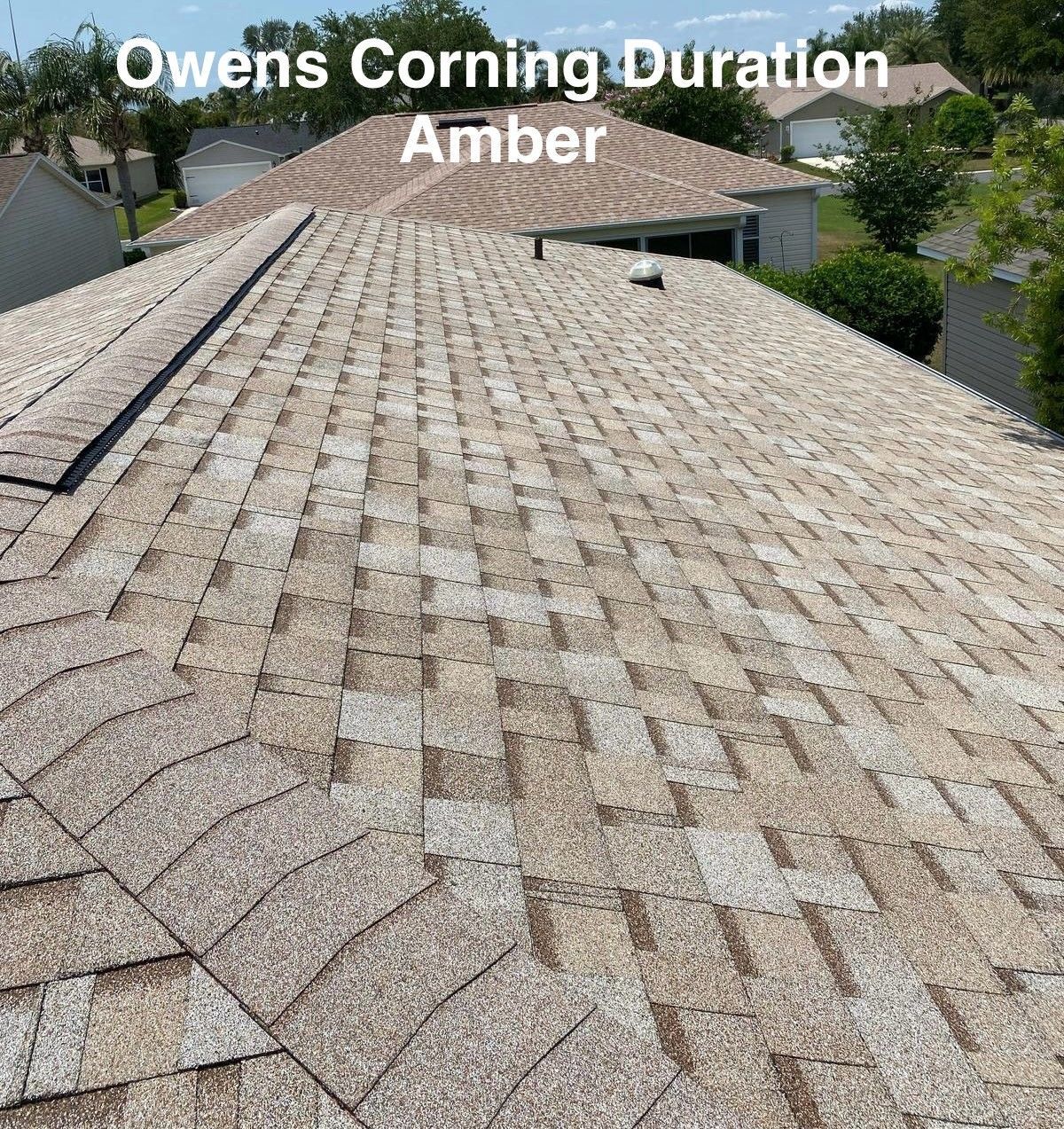 Roof with Owens Corning Duration Amber shingles on a house, viewed from above