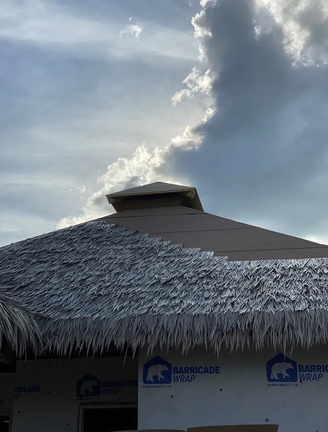 Thatched-roof building under a cloudy sky with a small cupola on top
