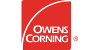 Owens Corning logo with white text on a red background and white curved accent