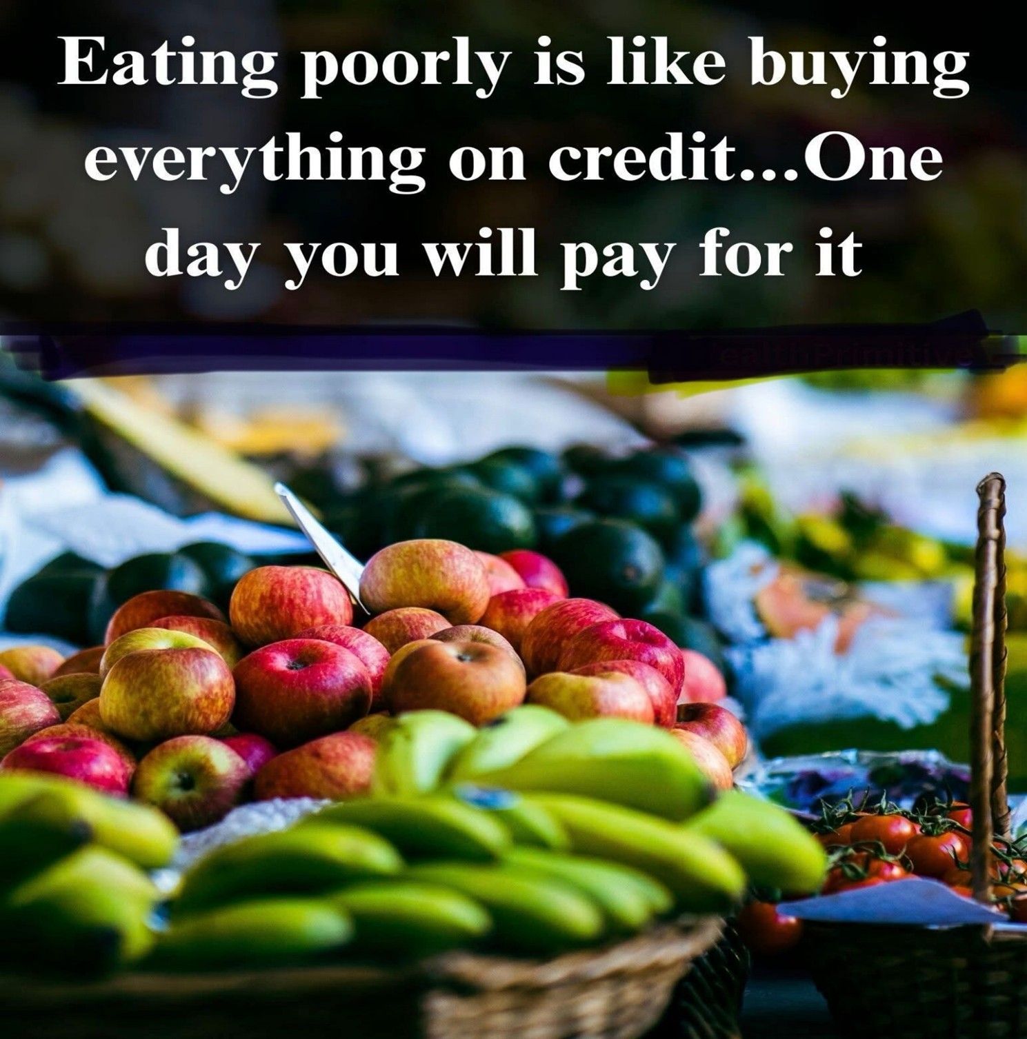 Apples and bananas in a basket, with text: 