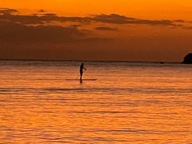 Paddleboarder silhouetted on water at sunset, orange and golden hues in sky and water.