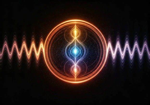 Glowing, concentric circles with a central vertical shape, flanked by orange and purple wavy lines.