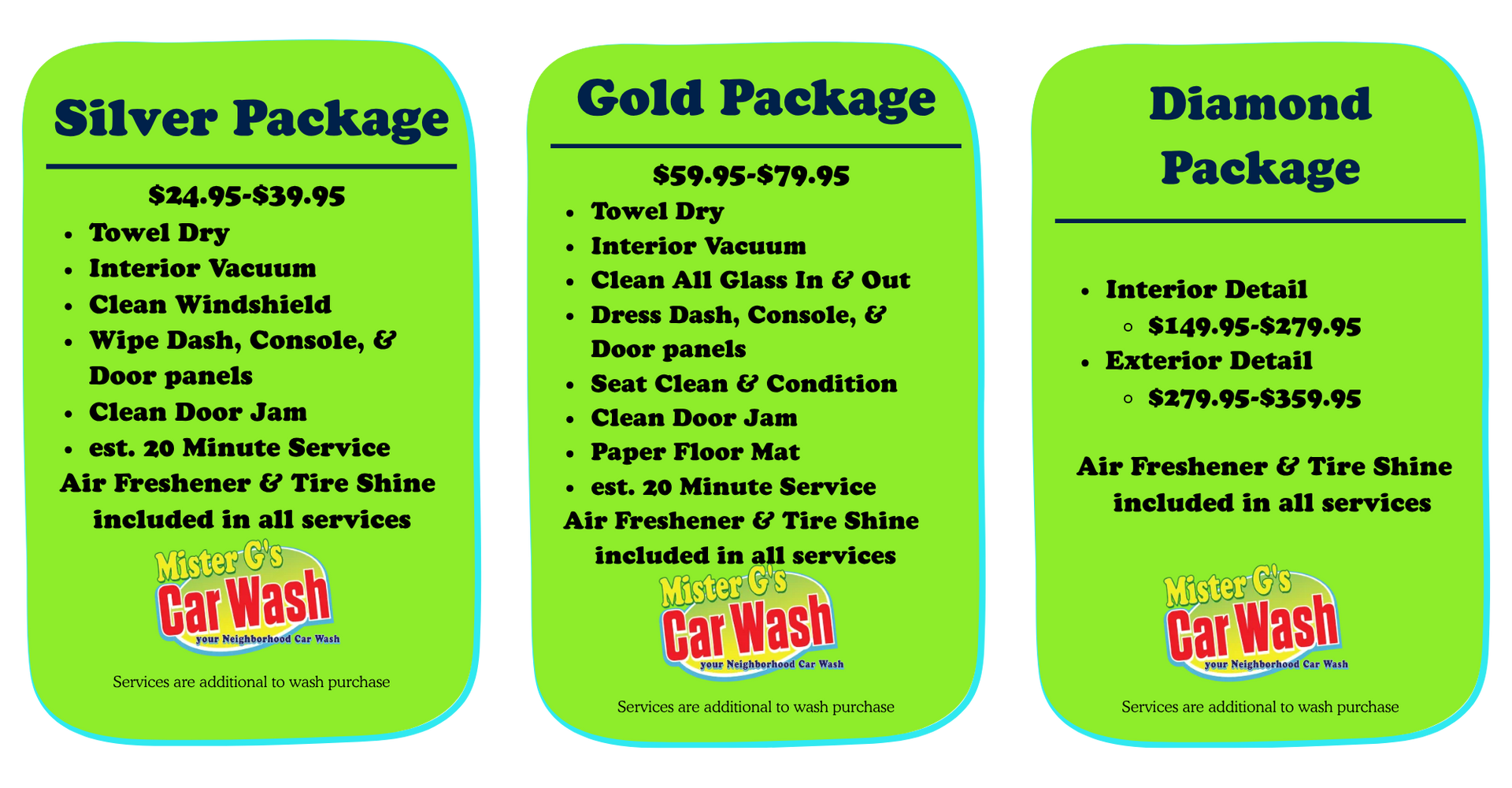 Three neon-green Car Wash package pricing cards: Silver, Gold, and Diamond with bullet-point services listed.