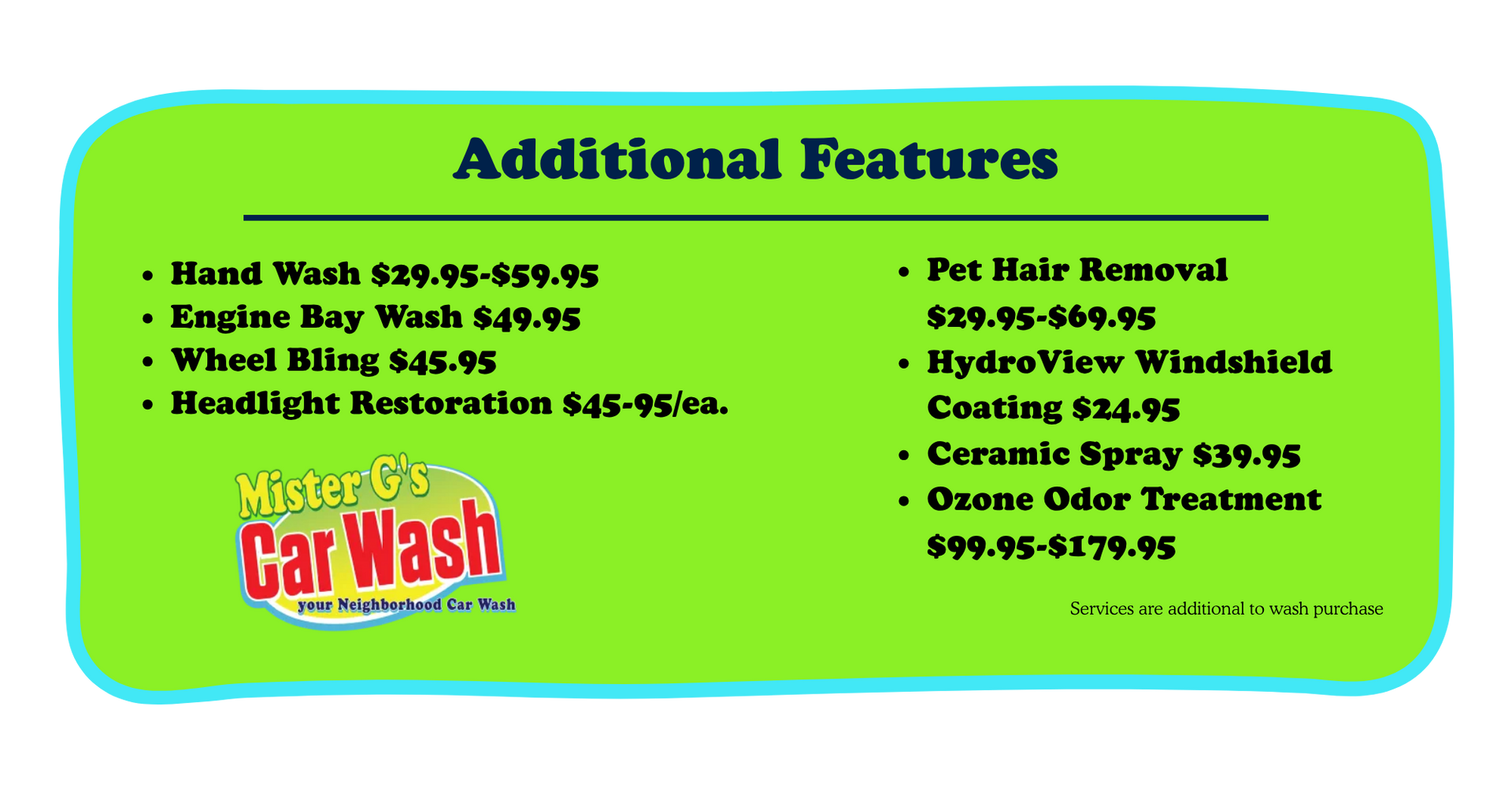 Green Additional Features car wash price list with services and prices on a bright sign.