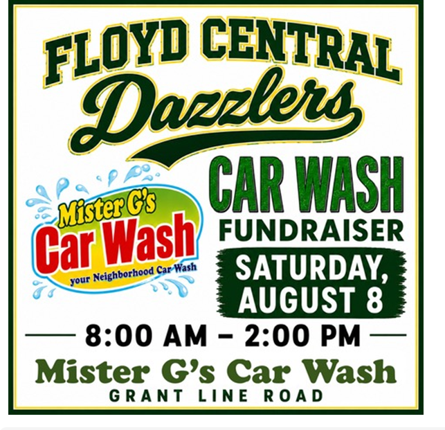 Floyd Central Dazzlers car wash fundraiser sign for Mister G’s Car Wash, Saturday August 8, 8 AM–2 PM