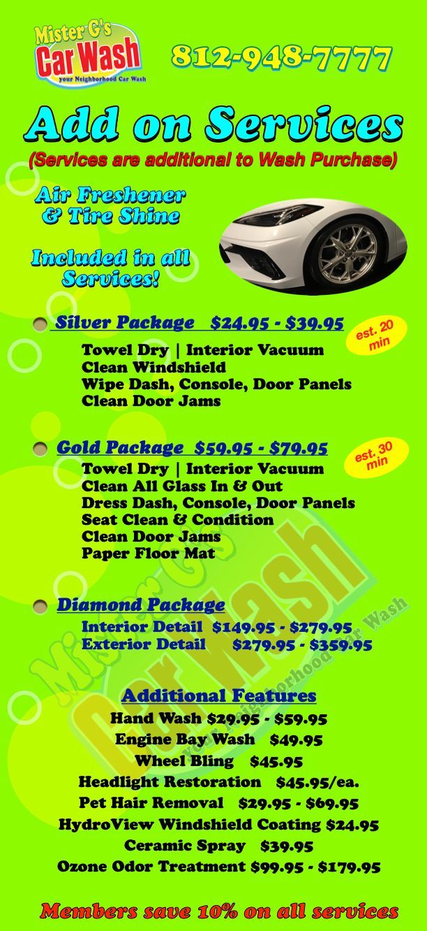 A neon green car wash menu listing add-on services, package prices, and features with a white sports car illustration.