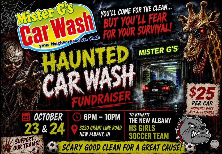 Haunted car wash fundraiser poster with spooky skeletons, zombie hands, a car, and bold red and yellow text.