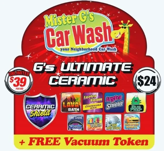 Mister G's Car Wash sign for a $24 G's Ultimate Ceramic wash package, including a free vacuum token and feature icons.