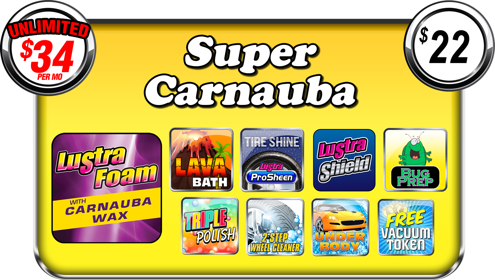 A yellow Super Carnauba car wash sign with icons for various services, priced at $22 per wash or $34 for an unlimited plan.