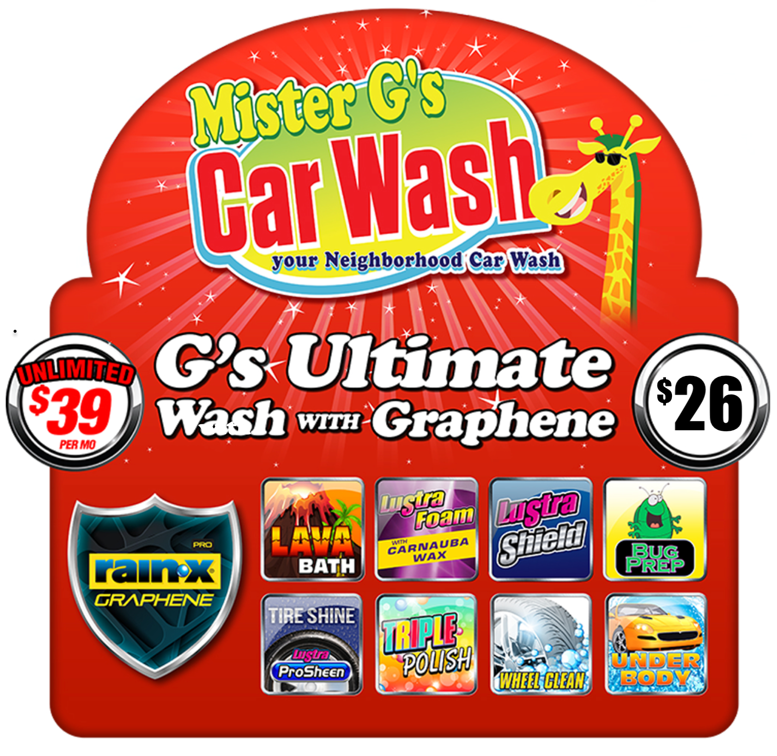 A red Mister G’s Car Wash sign promoting an Ultimate Wash with Graphene for $26 or $39 for an unlimited monthly plan.