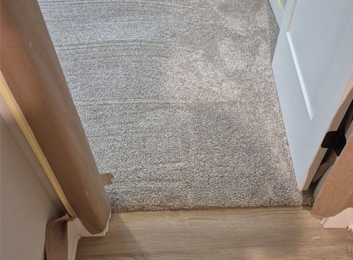 Doorway with carpeted room transitioning to wood flooring and a white door on the right.
