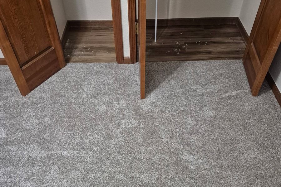 Open wooden closet doors over a gray carpeted floor with a dark wood threshold.