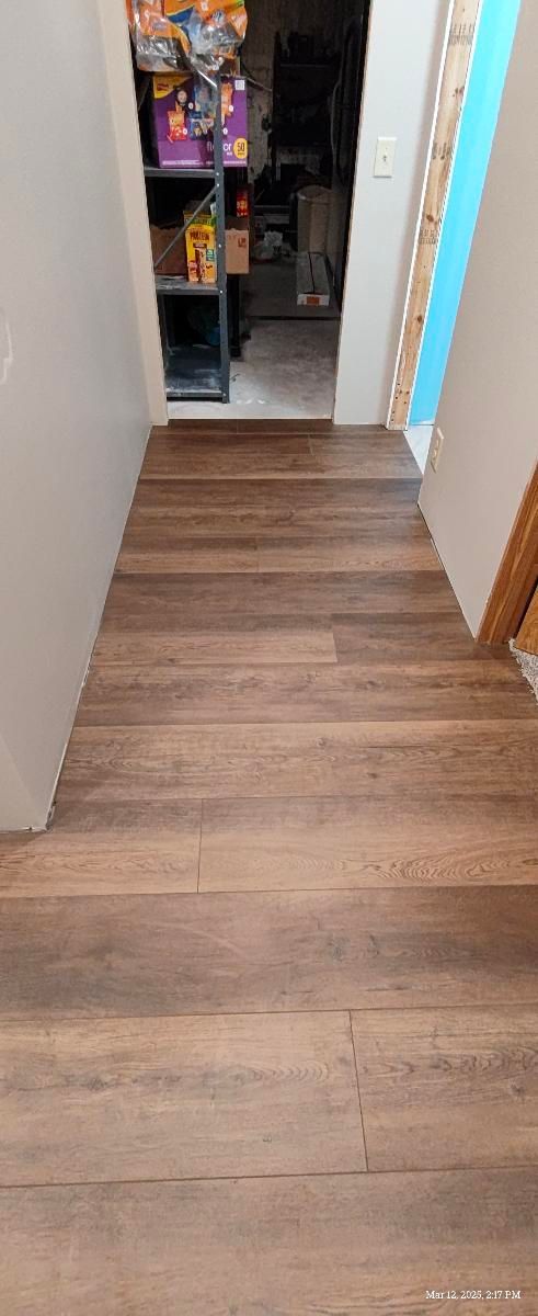 Wood-floored hallway leading to a cluttered closet with toys and items inside