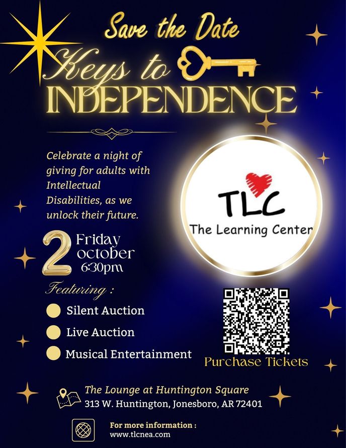 Save the Date poster for Keys to Independence gala supporting TLC Learning Center, with date, QR code, and event details