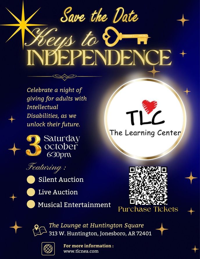 Keys to Independence benefit poster for TLC, purple and gold with date, QR code, and event details