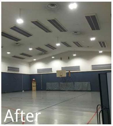 An empty gym with a basketball hoop and a sign that says after.