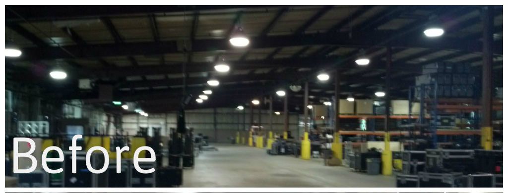 A before picture of a warehouse with lots of lights.