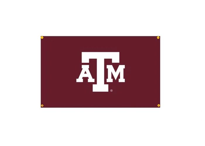 A maroon rectangular flag featuring the white Texas A&M University logo in the center with grommets in each corner.