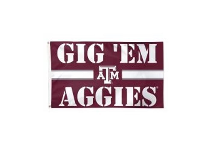 Maroon Texas A&M University flag featuring the white text 'GIG 'EM' above the A&M logo and 'AGGIES' below.