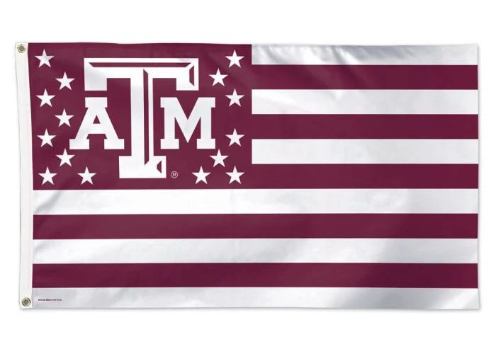 Texas A&M University logo centered on a maroon and white striped flag with stars surrounding the logo.