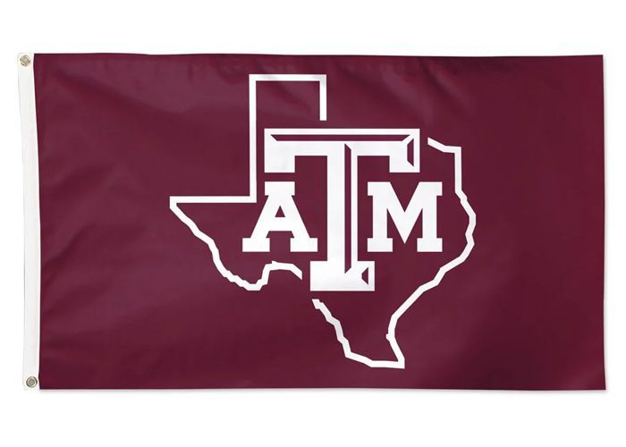 A maroon Texas A&M University flag featuring a white outline of the state of Texas with the school's logo in the center.