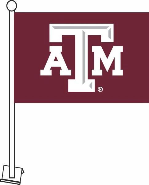 A white Texas A&M logo on a maroon car flag, mounted on a pole with a clip base.