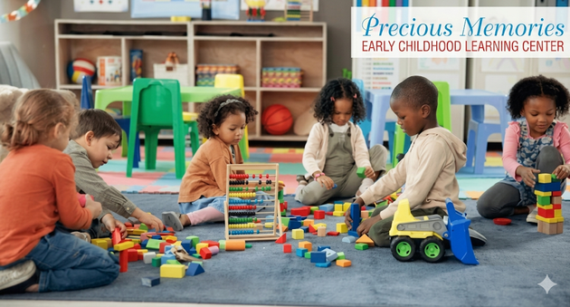 Children playing with colorful toys on a carpet in a bright preschool classroom.