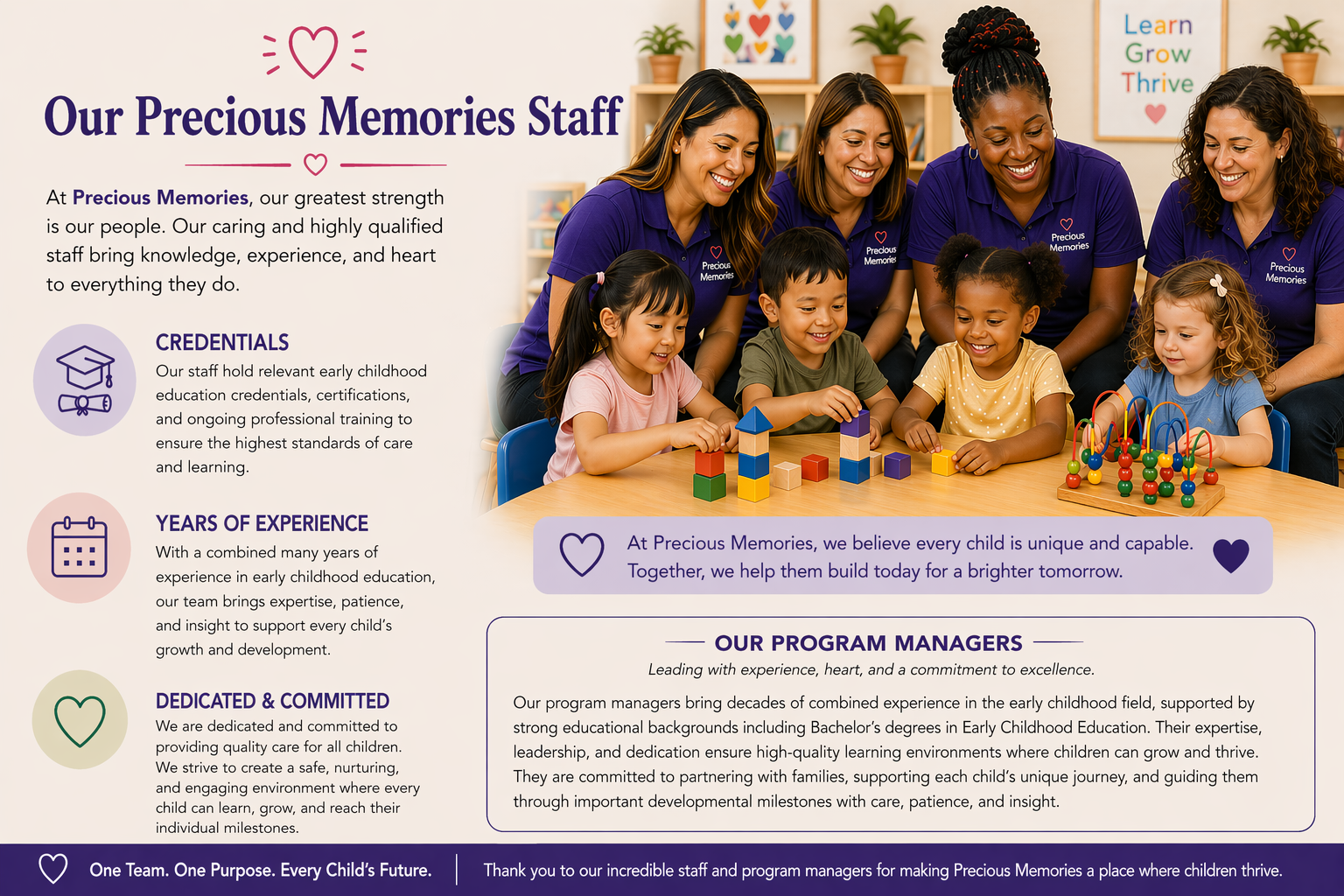 Our Precious Memories staff photo with children in purple uniforms, smiling in a classroom setting