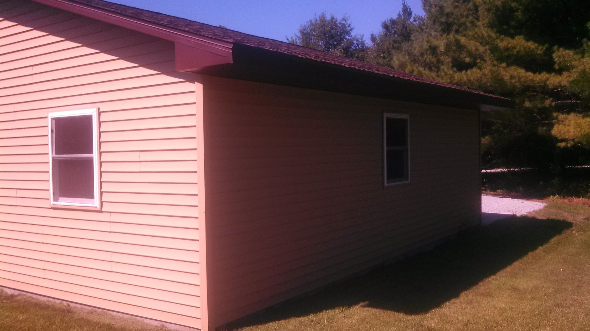 Pink house siding with two windows, shown outdoors in bright sunlight.