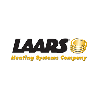 LAARS Heating Systems Company logo with bold black and gold text and a gold spiral emblem