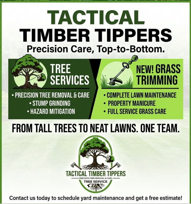 Green-and-white Tactical Timber Tippers ad for tree services and grass trimming, with service list and contact prompt