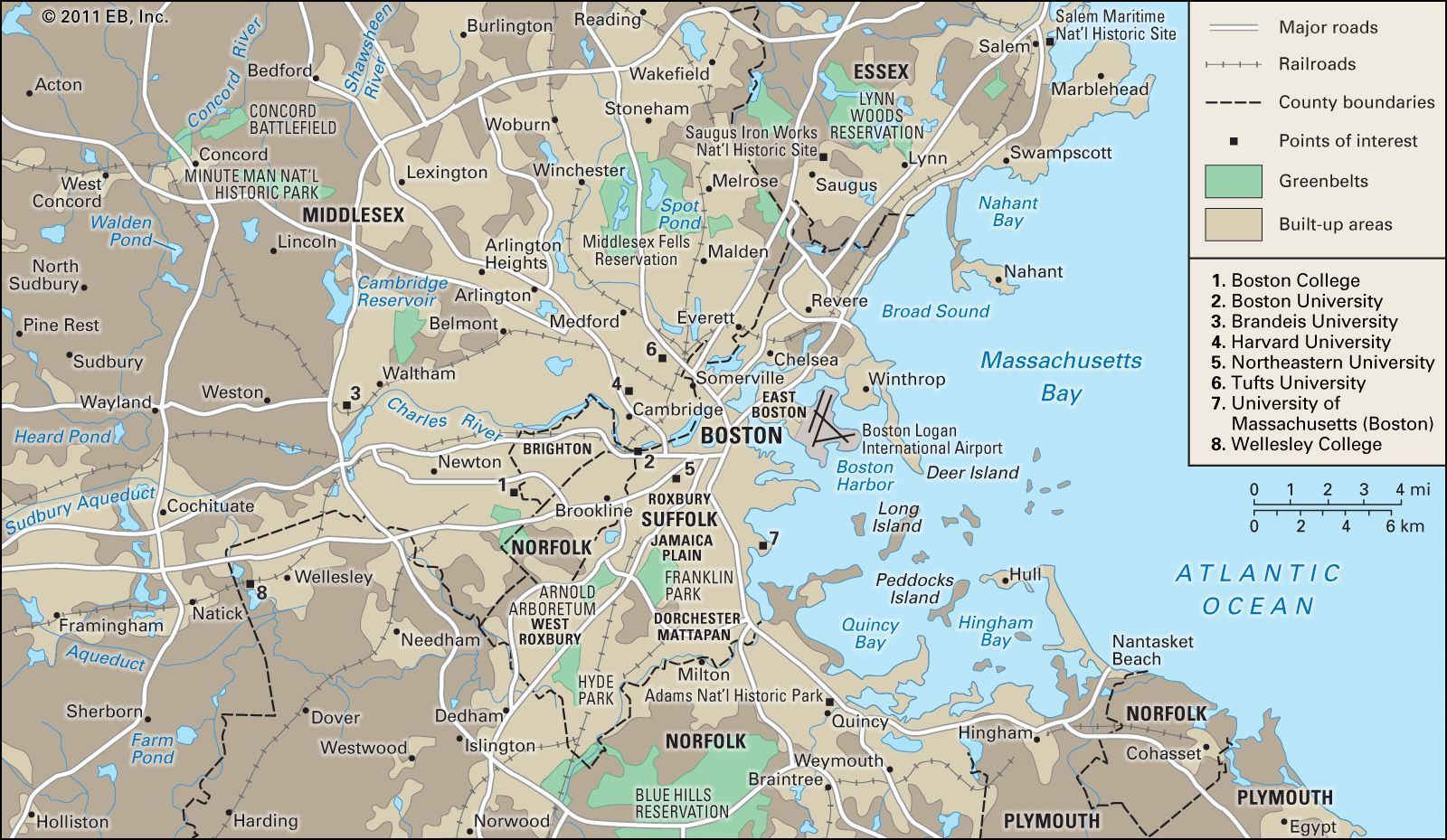 A map of Boston and the surrounding area