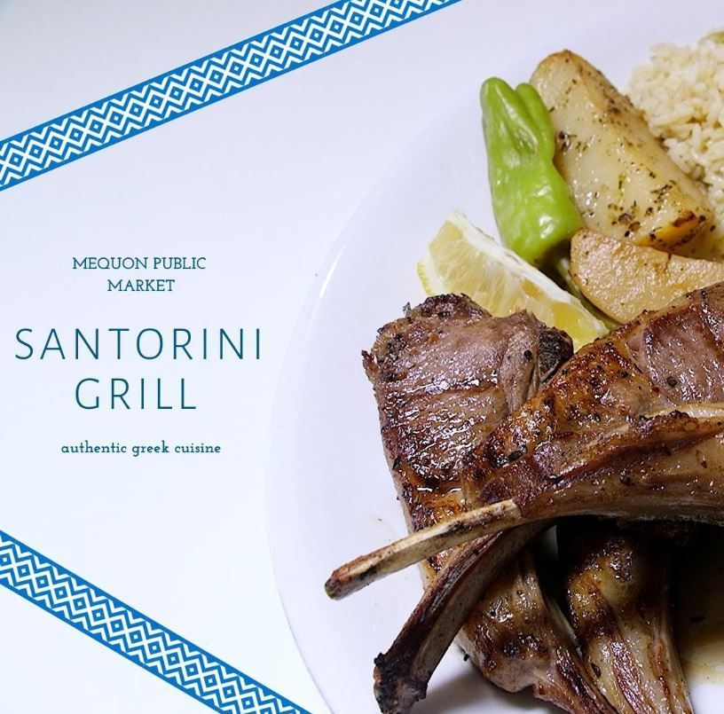 A plate of food with the words santorini grill on it