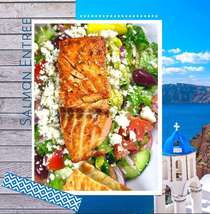 A picture of a salmon entree with a greek scene in the background