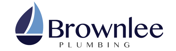 The logo for brownlee plumbing has a sailboat on it.