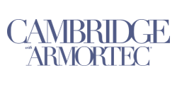 The logo for cambridge armortec is blue and white.