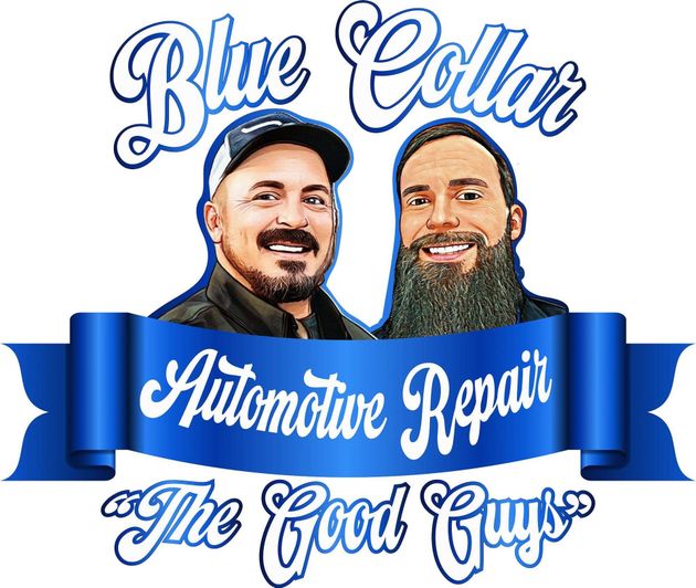 Blue Collar Automotive Repair logo: two men smiling, blue ribbon with text.