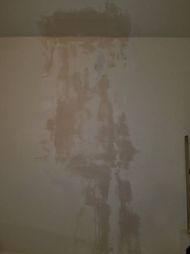 Large vertical patch of peeling paint and water damage on an indoor wall under a ceiling line