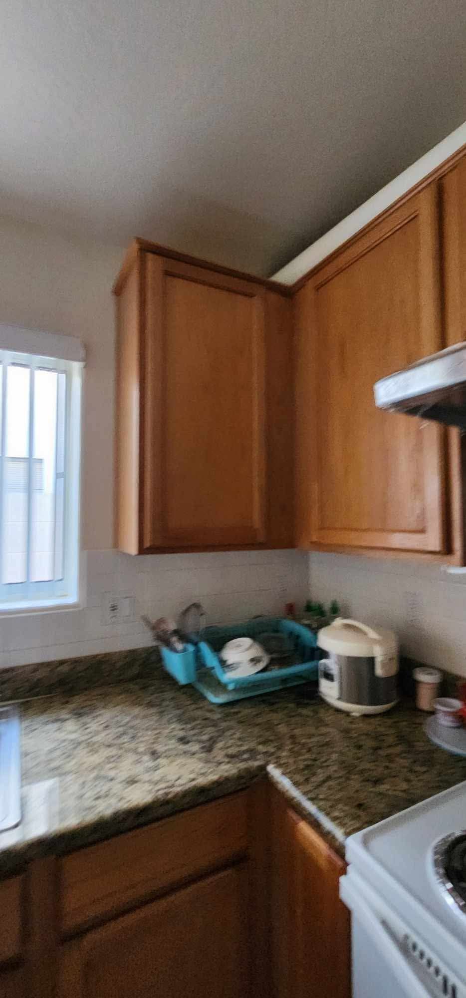 Small kitchen corner with wood cabinets, granite counters, sink, dish rack, and stove