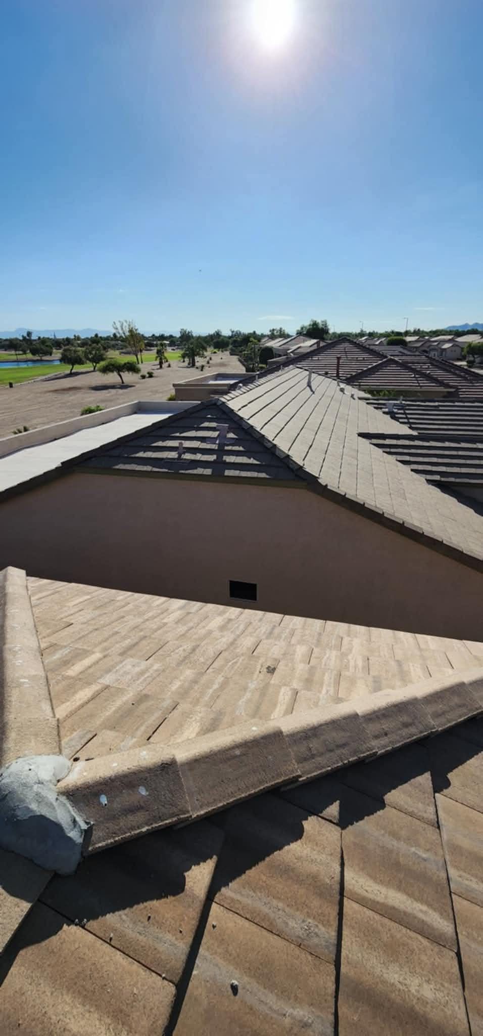 Sunlit view over tan shingle rooftops in a suburban neighborhood under a clear blue sky