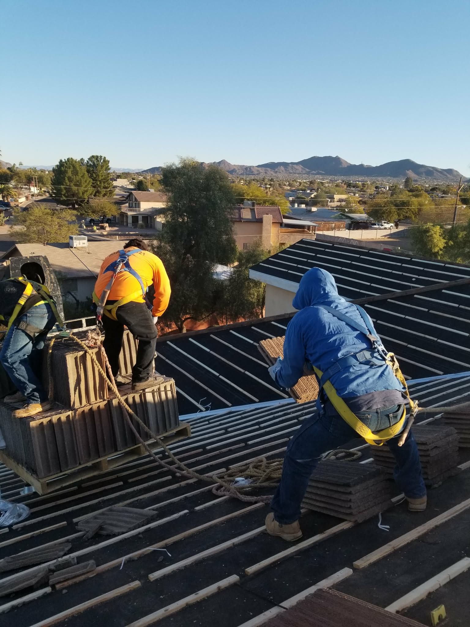 Roof workers on a sloped rooftop installing metal panels, with a suburban view in the background.
