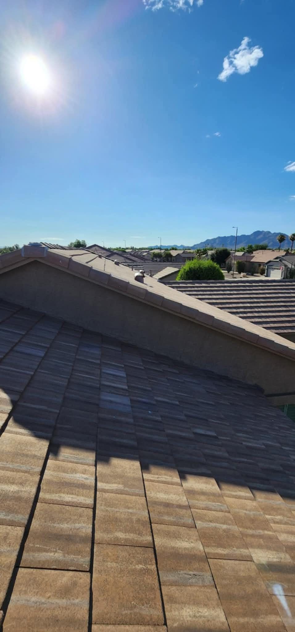 Rooftop with brown shingles under a bright blue sky and sun, overlooking a suburban neighborhood