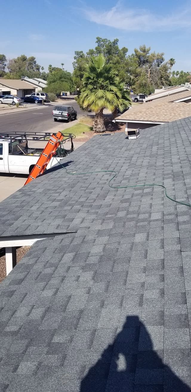 Rooftop view over gray shingles toward a street with trees, houses, parked cars, and a bright orange ladder
