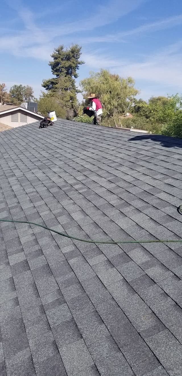 Person on a gray shingled roof near a chimney, with trees and blue sky in the background.